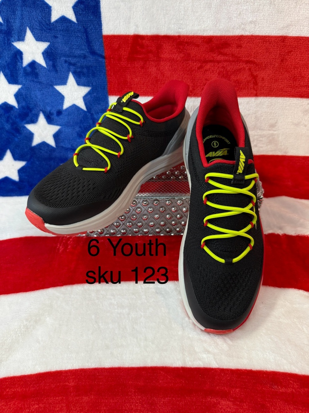 Avia Kids 6 Black Sneakers with Neon Yellow Laces and Red Accents